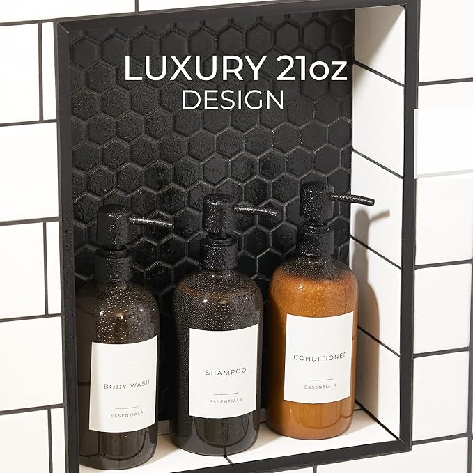Stylish Shampoo and Conditioner Dispenser Set of 3 - Modern 21oz Shower Soap PET Bottles with Pump and Labels - Easy to Refill Body Wash Dispensers for an Instant Bathroom Decor Upgrade