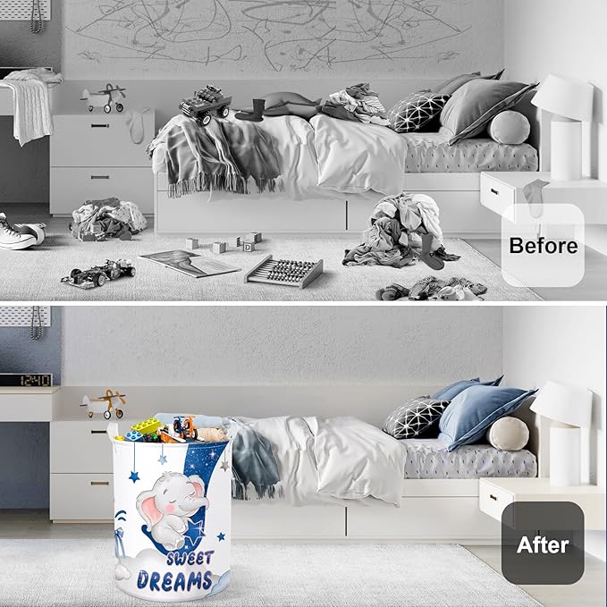 Sleeping Animals Baby Laundry Hamper Collapsible Clothes Kids Storage Basket Large Boys Girls Gift Toy Box Bin for Nursery, Elephant, 63L