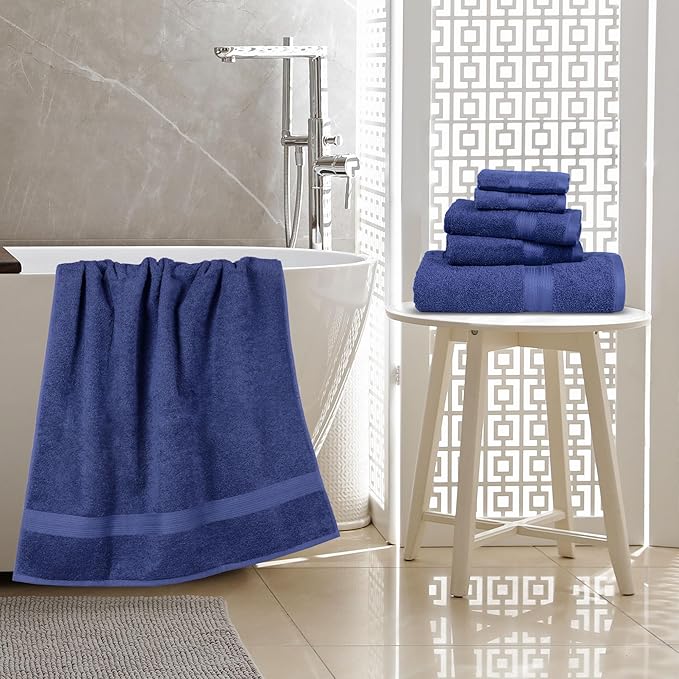 Amazon Basics 6-Piece Fade-Resistant 100% Cotton Towel Set, Soft and Absorbent, 2 Bath Towels, 2 Hand Towels, 2 Washcloths, Navy Blue