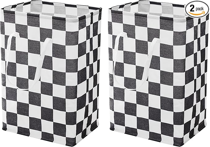 Ohocut Checkered Laundry Hamper, Pack of 2, Large Black White Aesthetic Collapsible Cloth Hampers Basket for Storage Organization Cute Race Cars Boy Room Decor, 2 x 75L