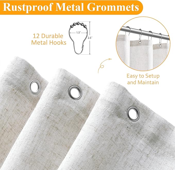 Naturoom Natural Linen Shower Curtain, Country Boho Farmhouse Bath Decor Shower Curtains Neutral Cloth Weighted Textured Fabric Bath Curtain Liner with Hooks, Beige White, 72x72