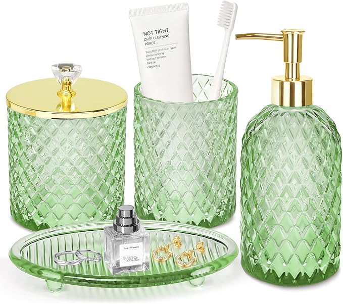 Jenseits Emerald Green Glass Bathroom Set 4 Piece - Luxury Diamond Textured Bathroom Accessories - Soap Dispenser, Vanity Tray, Toothbrush Holder, Apothecary Jar - Boho Style Home Decor