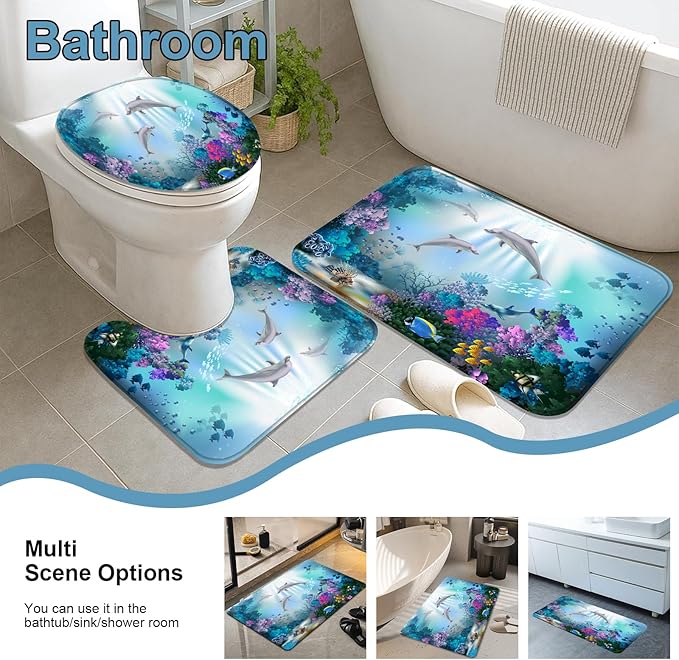 Ocean Dolphin Shower Curtain Set with 12 Hooks, Underwater World Themed Bathroom Decor, Water Resistant Fabric Bath Curtain 4 Piece Set