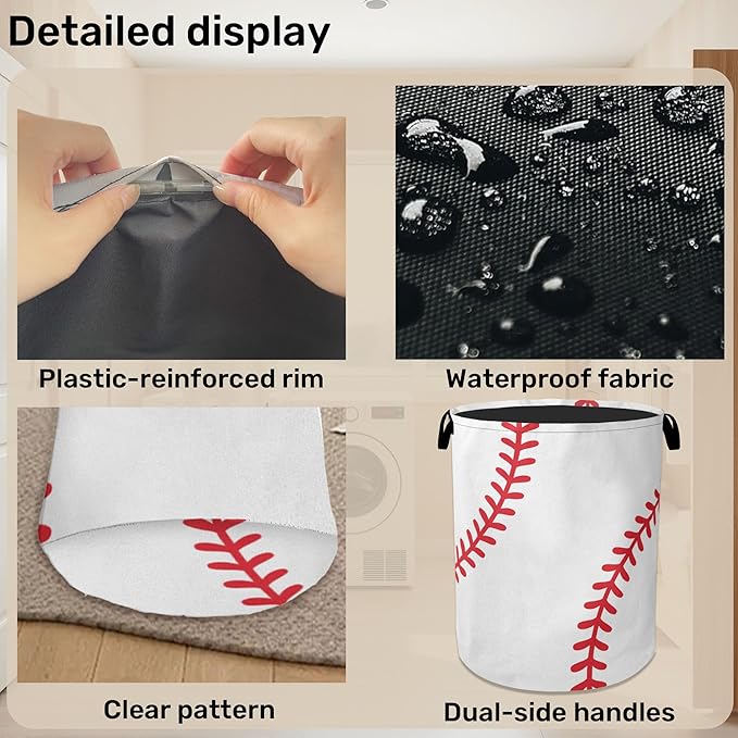 Baseball Large Clothes Hamper Bag - Laundry Basket with Handles, Space Saving Foldable Design for Nursery