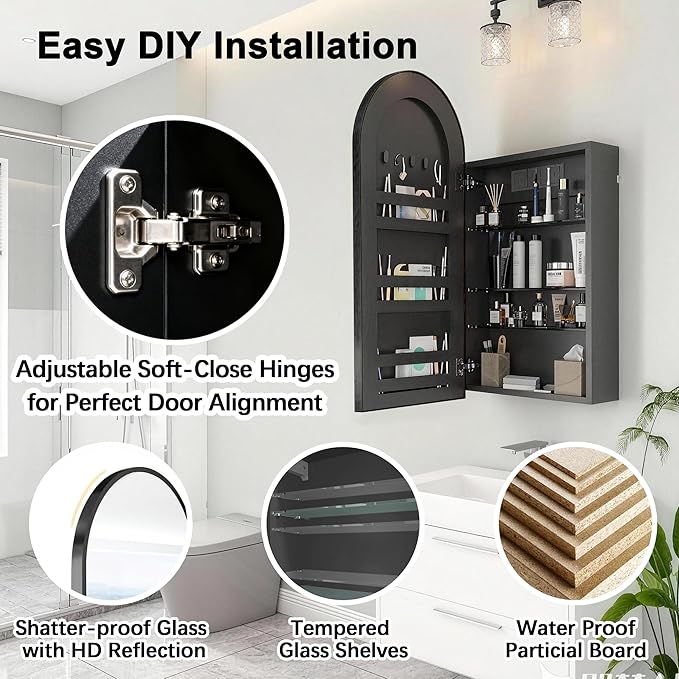FKWin Medicine Cabinet Mirror with Power Outlet, Black Bathroom Wall Cabinet with Mirror for Left or Right Opening, not Recessed, Ample Bathroom Vanity Mirror, Black, 16x32 inch