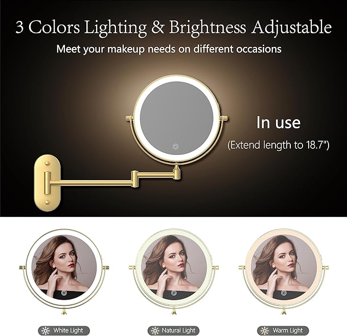 Rechargeable Wall Mounted Lighted Makeup Vanity Mirror 9 Inch Double Sided 1X 10X Magnifying Bathroom Mirror, 3 Color Lighting, Touch Screen Dimming, 360 Rotation Shaving Mirror Gold