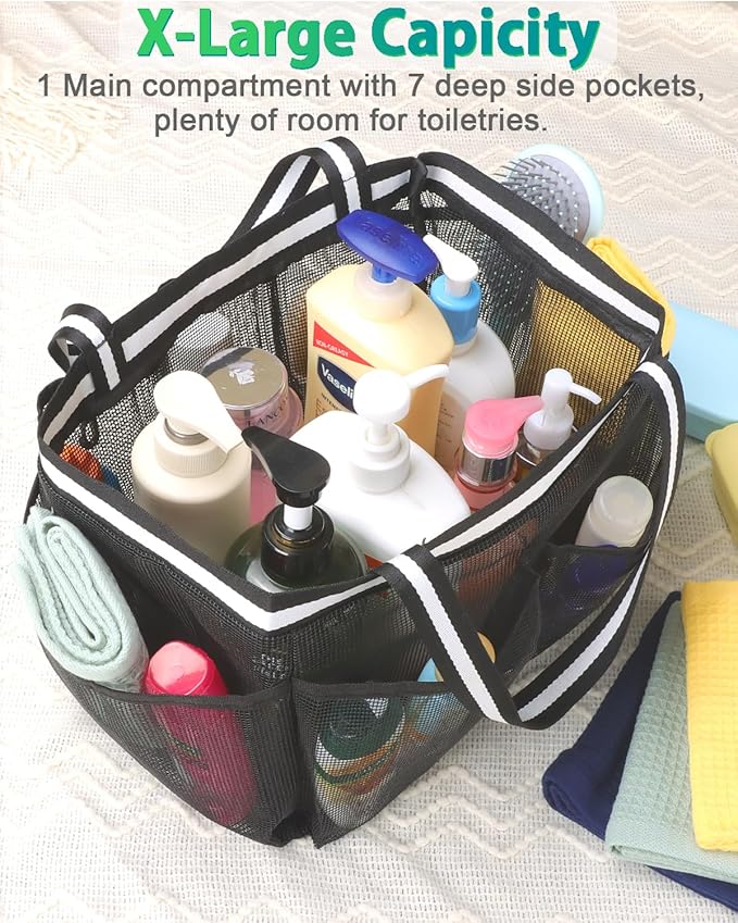 XL Mesh Shower Caddy Portable Shower Bag for College Dorm Camping Travel Gym(Black)