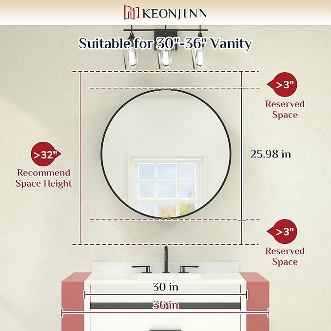 Keonjinn 26 Inch Round Medicine Cabinet with Lights, White LED Bathroom Medicine Cabinet Mirror, Circle, Electrical Outlet, 3 Color Lights, Anti-Fog, Dimmable, Surface Mount Only