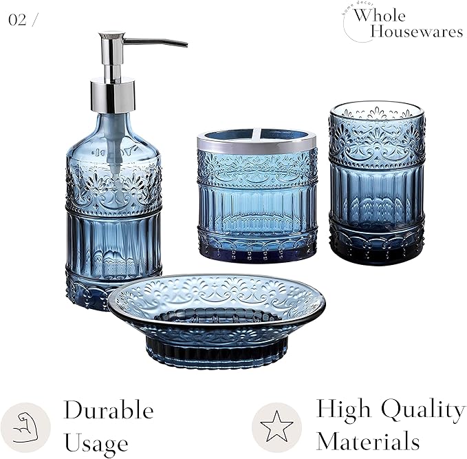 4-Piece Bathroom Accessories Set - Blue Glass Decor Set - WHOLE HOUSEWARES Soap Dispenser, Toothbrush Holder, Vanity Tray and Jar - Elegant Boho Bathroom Countertop Organizer