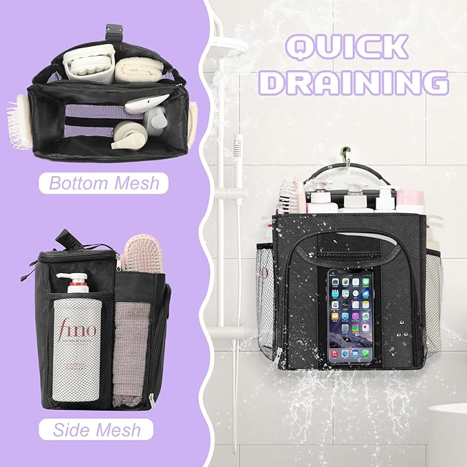 Attmu Shower Caddy Portable, Hanging Shower Bag for Dorm Room College, Large Capacity Quick Dry Mesh Tote Bag for Travel Camping Essentials (Black)