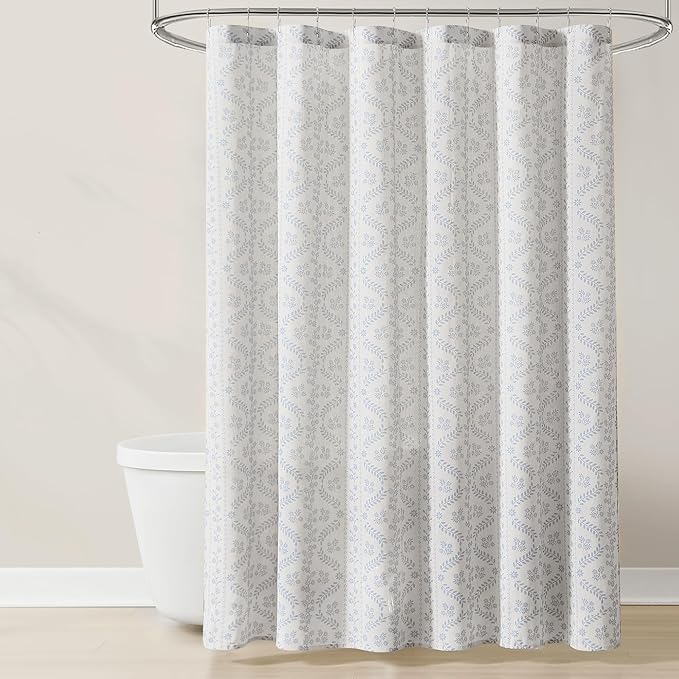 Lush Decor Doreen Delicate Floral Linen Textured Shower Curtain Single 72" W x 72" L Blue - Floral Shower Curtains for Bathroom - Bathroom Curtain