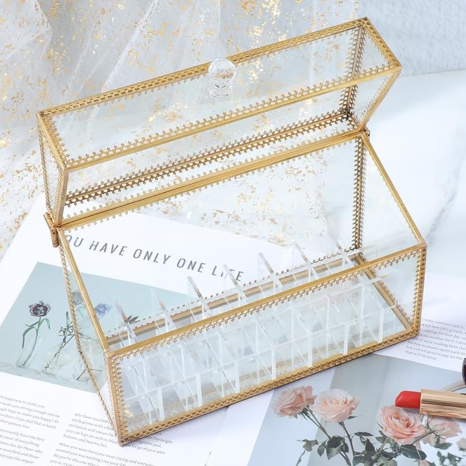 Lipstick Organizer Holder 24 Spaces, Tempered Glass Lip Gloss and Perfume Organizer, Vanity Lipstick Holder with Removable Dividers, Gold