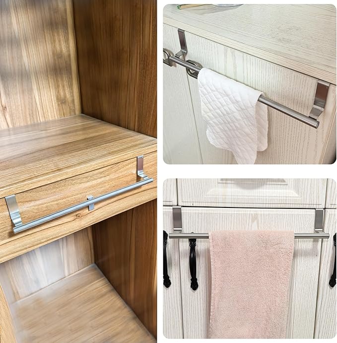 Mziart Over The Door Towel Rack for Bathroom Kitchen, 14 Inch Brushed Stainless Steel Over Cabinet Towel Bar with Hooks, Cupboard Towel Holder, Space-Saving Towel Hanger, Silver