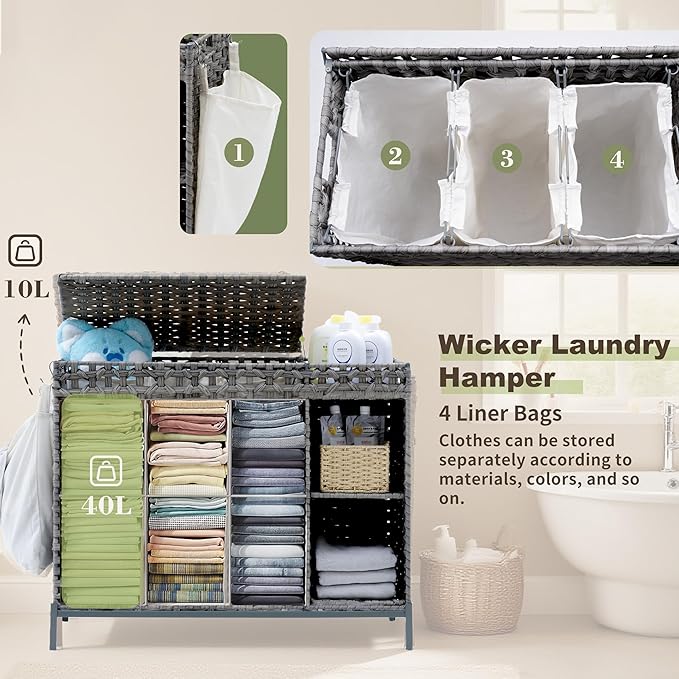 Gitelsnour Laundry Hamper with Lid, 130L (34.4 Gal) Rattan Laundry Hamper 3 Section with 50L(13.2 Gal) Storage Shelf, Wicker Woven Laundry Sorter Basket with 4 Liner Bags and Handles, Natural GLH003N