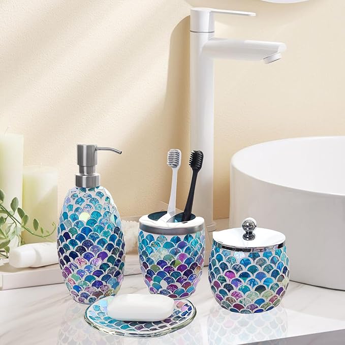 Escenzy Mermaid Bathroom Accessories Sets 4 Pcs | Luxurious Soap Dispenser, Toothbrush Holder, Cotton Glass Jar, Soap Tray | Mermaid Bathroom Decor | Modern Mosaic Glass Bathroom Accessories