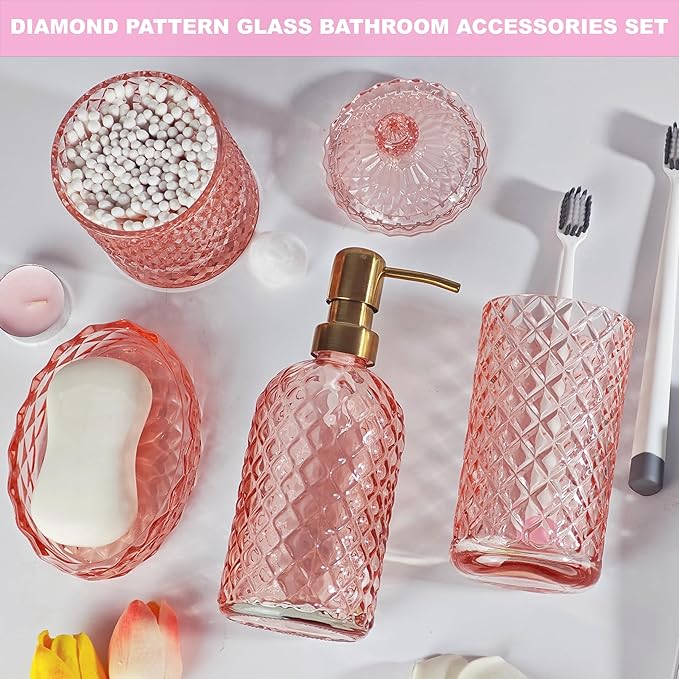 LaMarriti Pink Bathroom Accessories Set, 4Pcs Clear Glass Bathroom Sets, Lotion Soap Dispenser, Toothbrush Holder Set, Soap Dish, Qtip Holder for Crystal Glass Vintage Bath Decor, Valentine Gift Set