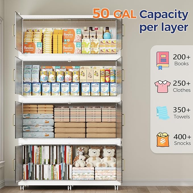 200Gal Extra Large Stackable Storage Bins with Lid, 800Qt Collapsible Storage Box with Wheels, Closet Organizers and Storage Cabinet Container for Home, Kitchen, Office, Bedroom, 4Pack White