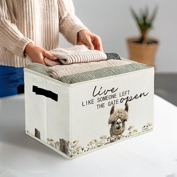 Rustic Alpaca Storage Bins & Boxes with Handles, Farmhouse Alpaca Foldable Basket for Organizing, Live Like Someone Left the Gate Open Collapsible Storage Basket for Bedroom Bathroom Clothes