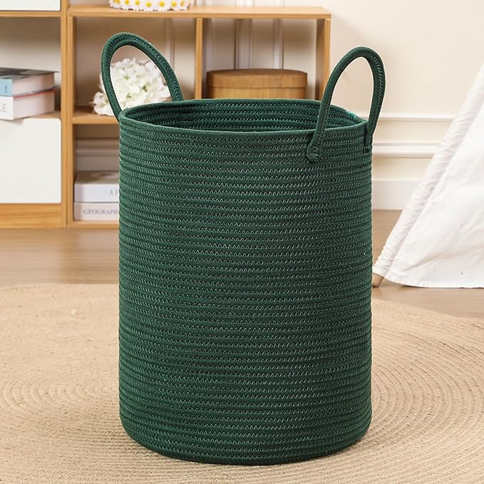 40L Woven Laundry Basket Hamper, 100% Natural Cotton Rope, Handwoven & Durable, Storage for Blankets, Toys, Clothes, Decorative Nursery Hamper for Living Room, Baby Room, Bedroom (Dark Green)