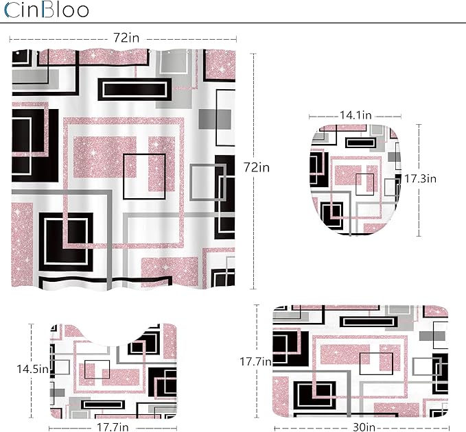 Cinbloo 4Pcs Abstract Black Pink Geometric Shower Curtain Set, Girls Girly Simple Minimalist Modern Women Gray Grey Bathroom Curtain with Rug Toilet Lid Cover Bath Mat with 12 Plastic Hooks
