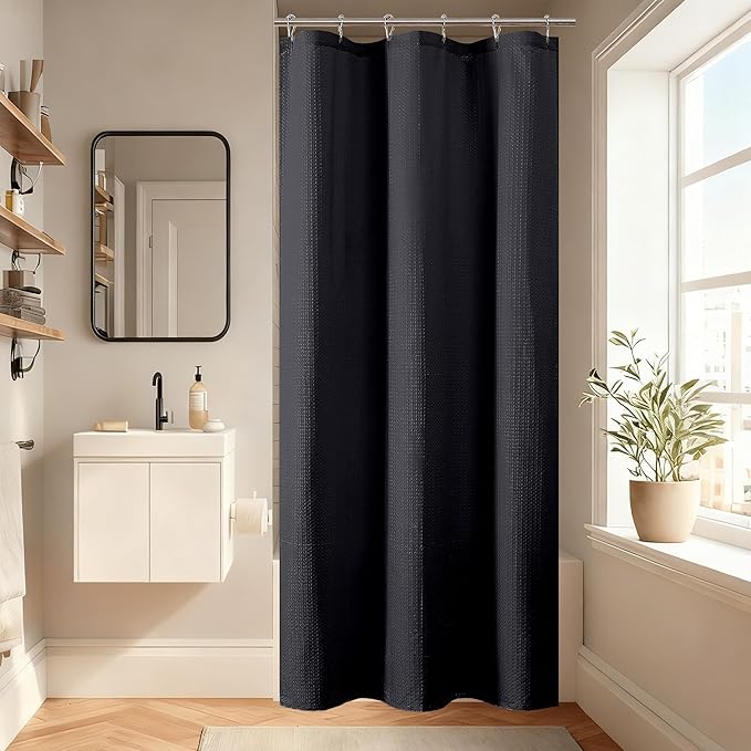 Aiyufeng Waterproof Fabric Shower Curtains for Bathroom，Dot Like Embossed Textured Soft Polyester Cloth Stall Shower Curtain，Hotel Luxury Quality Machine Washable，36Wx72L，Black