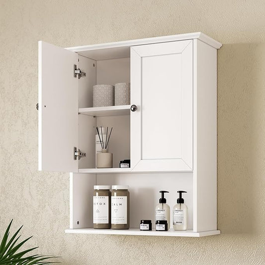 Medicine Cabinet, Over The Toilet Storage Cabinet, 24x30 Inch Wall Mount Bathroom Storage Cabinet with 2 Doors & Adjustable Shelves, Wooden Bathroom Wall Cabinet, White