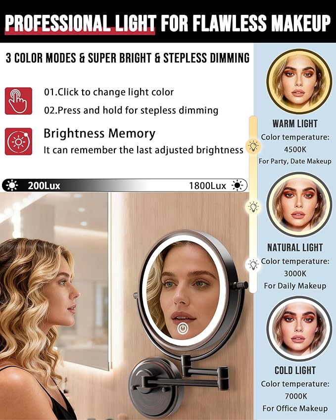 10" Brass Large Wall Mounted Makeup Mirror with Lights, 3 Color LED Touch Dimming Extended Arm, 1X/5X Double-Sided Magnifying Vanity Mirror for Bathroom, Hard Wired Oil Rubbed Bronze