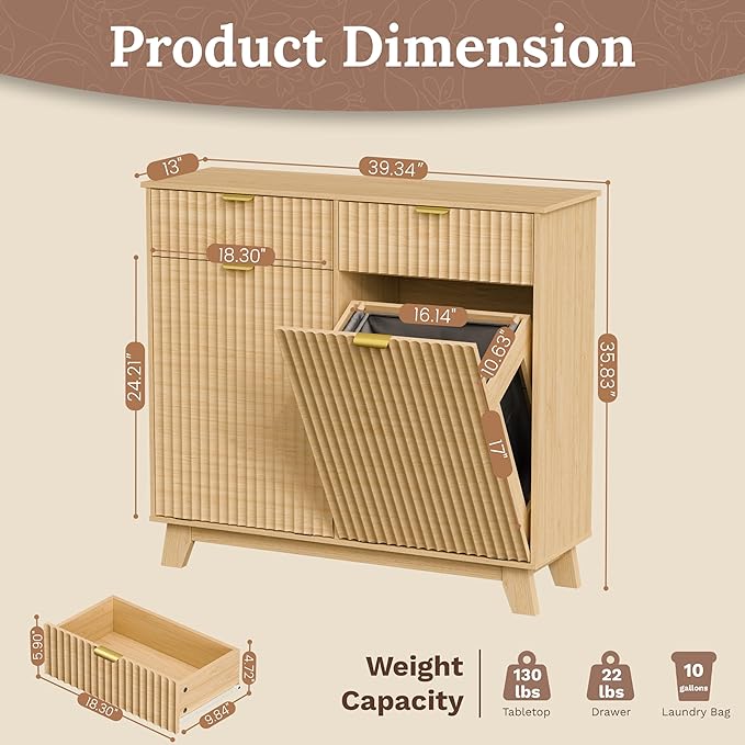 Double Tilt Out Laundry Hamper Cabinet, 20 Gallon Wooden Trash Can Cabinet with Storage Drawers, Hidden Fluted Garbage Can Holder for Kitchen, Living Room (Natural Wood, 39.34"W x 35.83"H x 13"D)