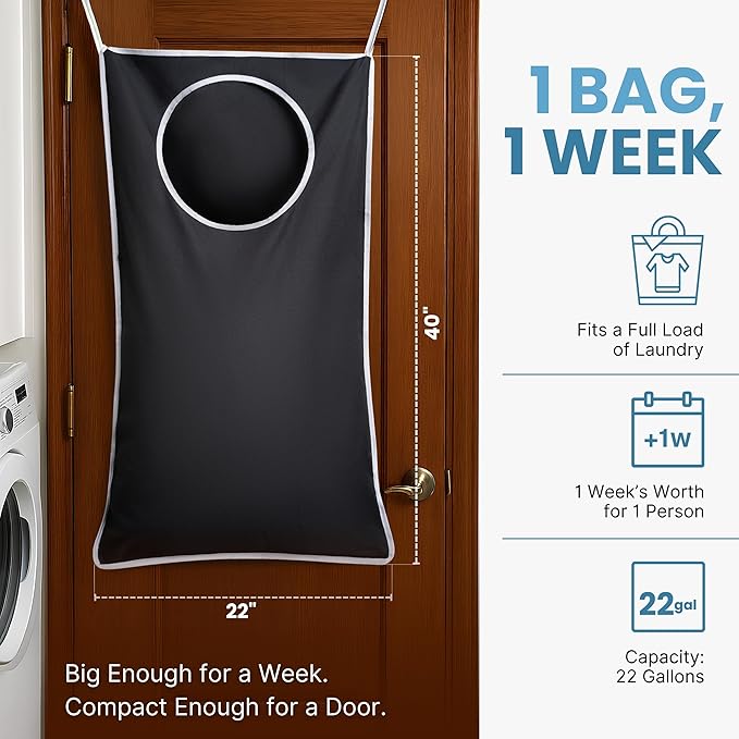 Hanging Laundry Hamper Bag XL 40x22", Space Saving over the Door Storage Bags, Behind the Door Hampers for Dirty Clothes & Wall Mounted Basket for Bathroom