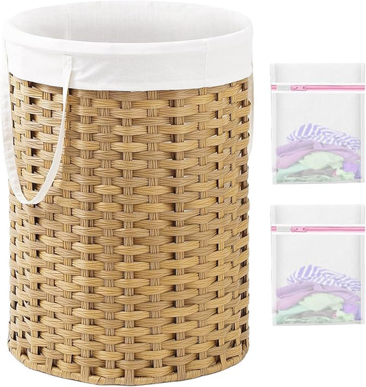 SETVSON Laundry Basket Round Rattan Laundry Hamper 29.1 Gal(110 L)Handwoven Large Wicker Basket with Handles, Wicker Hamper with Removable Bags and 2 Mesh Bags for Bathroom Living Room Natural(No Lid)