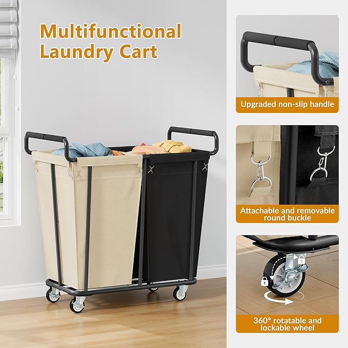 Gewudraw Large laundry hamper with Wheels, 2 Bag 360L Big Rolling Laundry Basket Sorter Cart, Extra Large Laundry Clothes Hamper, Heavy Duty Laundry Basket Organizer for Laundry Room,Bathroom
