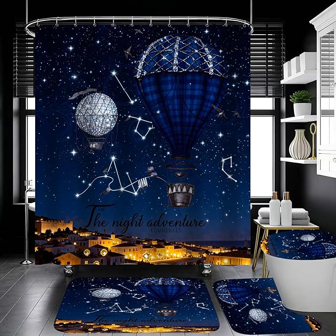 4 Piece Starry Night Shower Curtain Set with Rugs, Blue Hot Air Balloon Adventure Art Bathroom Decor, Waterproof Fabric Curtain with Non-Slip Bath Mats & Toilet Lid Cover, Romantic Night Sky Aesthetic