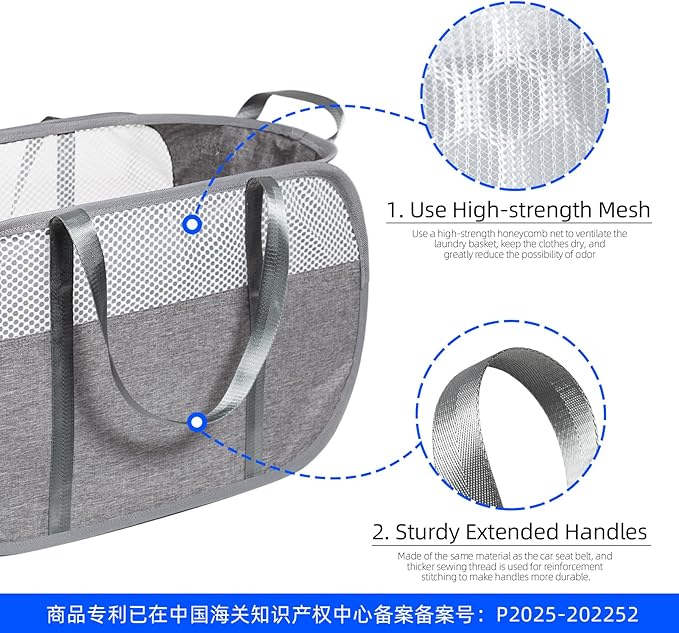 Tear Proof Pop Up Laundry Hampers, with Strong Handles Laundry Hamper, Easy to Carry & Go Up and Down Stairs, Honeycomb Mesh-Breathable, Easy to Collapsible Laundry Basket. (1.5 Loads)