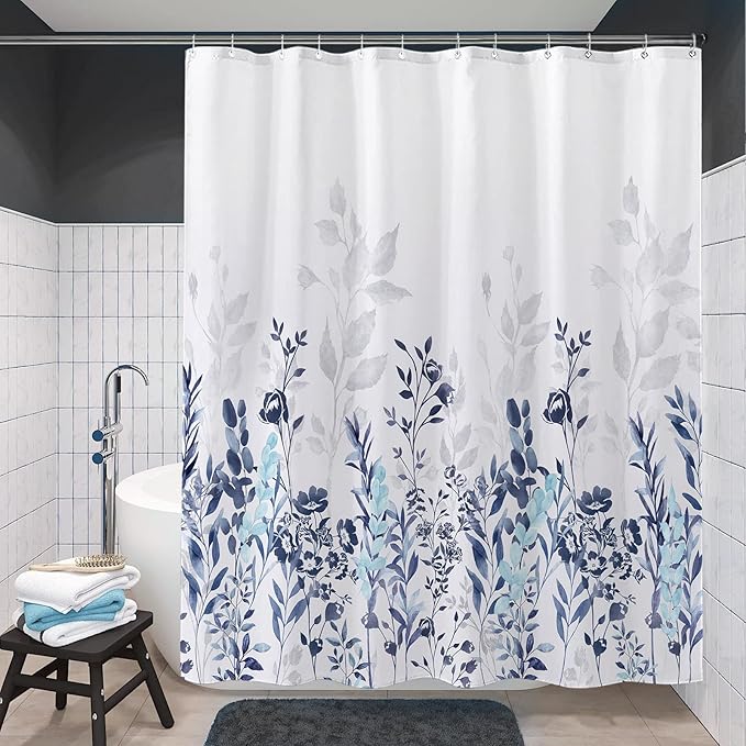 Neasow Blue and Grey Shower Curtain, Watercolor Floral Bathroom Curtain Teal and White Shower Curtains 72×84 inches