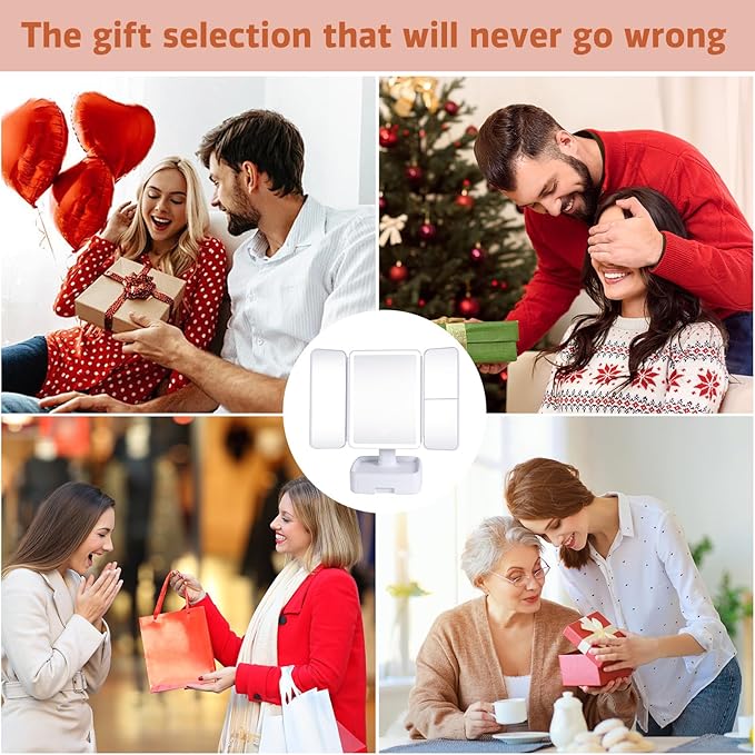 Makeup Mirror with LED Light, 1X/2X/3X Magnification, Rechargeable Vanity with Storage Box, Touch Control 3-Color Lighting, Portable Trifold Mirror, Gift for Her(White)