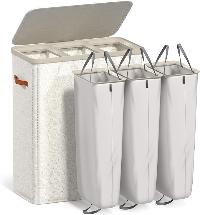 Sorbus Laundry Hamper with Lid - Collapsible 3-Compartment Fabric Laundry Basket with Handles and Removable Laundry Bag – 50 Gallon (190 L) Dirty Clothes Hamper for Bedroom, bathroom and dorm (Beige)