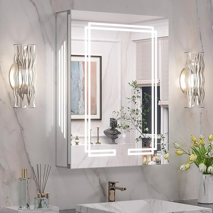 Keonjinn 20 x 26 Inch Lighted Medicine Cabinet Mirror, Bathroom LED Medicine Cabinet with Lights, Adjustable Shelves, Tempered Glass, UL-Listed, Dimmable, No Outlets, Defogging, Wall Mount Only