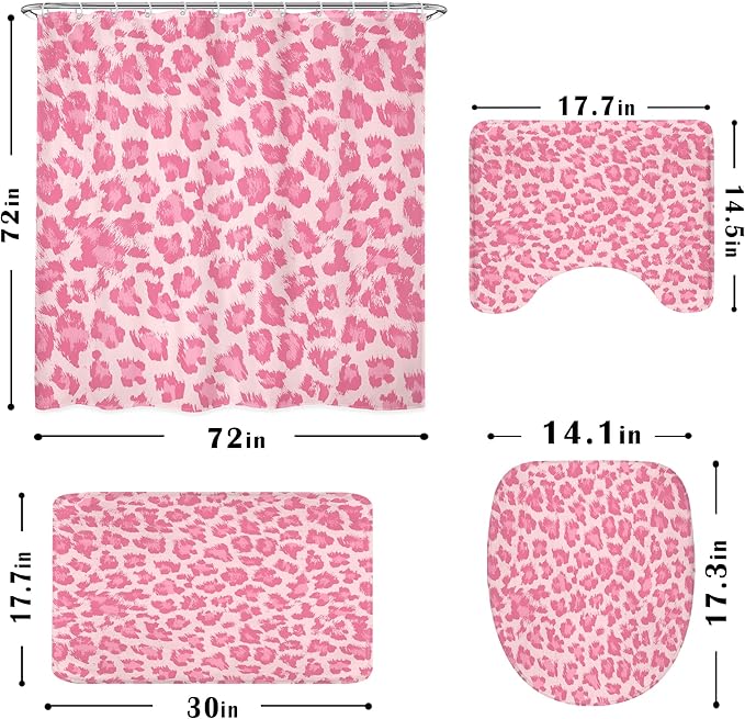 LIGHTINHOME 4 PCS Pastel Pink Leopard Print Shower Curtain Set 72Wx72H,Toilet Lid Cover,Non-Slip Rugs and U-Shaped Mat,Wild Cheetah Bathroom Sets with Rugs with 12 Hooks for Bathroom Decor