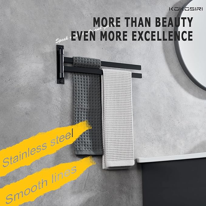 KOKOSIRI Bathroom Towel Bars Swivel Towel Rails Matte Black Swing Out Hand Towel Holder 2-Arm for Bath Kitchen Wall Stainless Steel B5007BK-A2