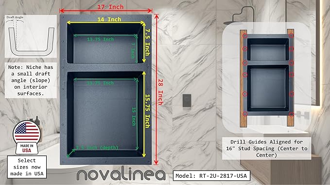 Ready-to-Tile Rectangular Shower Niche – 28" x 17" Double Uneven Shelves – Made in USA – Recessed Wall Niche