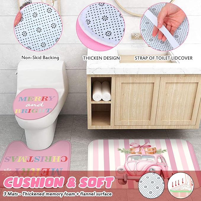 Drydiet 4 Pcs Christmas Shower Curtain Set Bathroom Decoration Non Slip Rugs Mat Toilet Lid Cover Shower Curtain for Xmas Holiday Farmhouse Home Bathroom Decor(Pink Christmas)