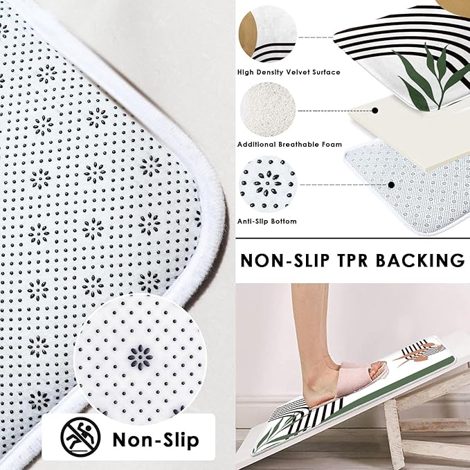 Boho Mid Century Shower Curtain Set with Toilet Lid Cover and Non-Slip Rugs, Abstract Green 4 Pcs Modern Minimalist Shower Curtain for Bathroom Set with 12 Hooks