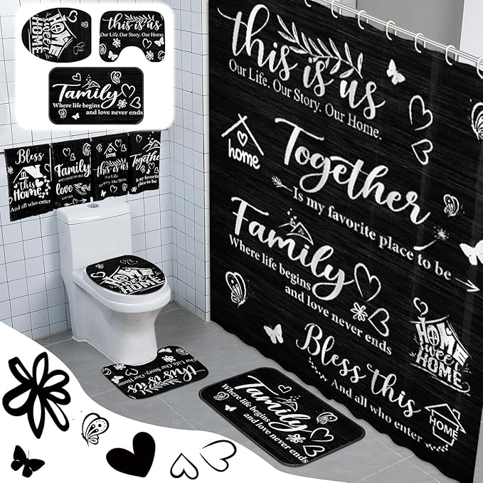 Tatuo 8 Pcs Family Shower Curtain Set Black Home Theme Bathroom Accessories Sets Farmhouse Rustic Waterproof Shower Curtain with Towels Carpet Bath Mat Toilet Rugs and 12 Hooks Housewarming Gift