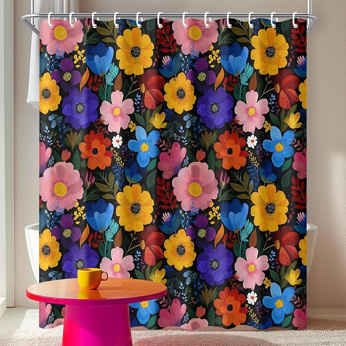Colorful Floral Shower Curtain 72x72 Inch Bold Bright Flower Print Bathroom Curtain Fabric for Boho or Maximalist Bathroom Decor