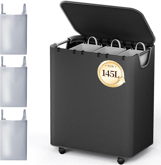 LAMU 145L Laundry Hamper with Wheels, Rolling Laundry Basket with Lid and 3 Removable Laundry Bag, Sturdy Large Capacity 3 Section Dirty Clothes Hamper for Laundry Room, Bedroom, Bathroom, Dorm, Black
