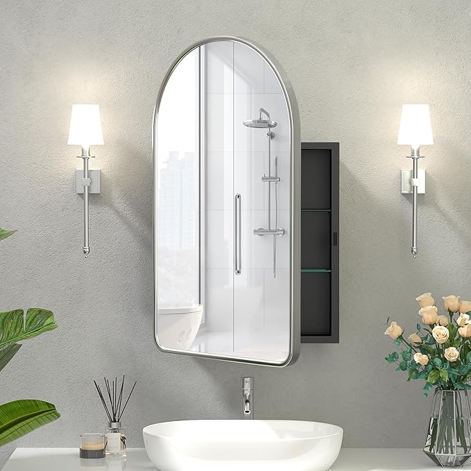20x31 Inch Arched Medicine Cabinet with Mirror - Metal Framed Recessed Bathroom Storage, Recessed Arched Medicine Cabinet for Bathroom ,Oil Rubbed Nickel Finish, Rust-Resistant ,Adjustable Shelves