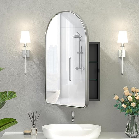 20x31 Inch Arched Medicine Cabinet with Mirror - Metal Framed Recessed Bathroom Storage, Recessed Arched Medicine Cabinet for Bathroom ,Oil Rubbed Nickel Finish, Rust-Resistant ,Adjustable Shelves