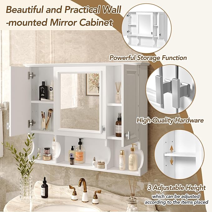 Virubi Bathroom Wall Cabinet with Mirror, Medicine Cabinet with 3 Doors and Adjustable Shelf, Space Saver Storage Cabinets Over The Toilet for Bathroom (35'' x 28'') (White)