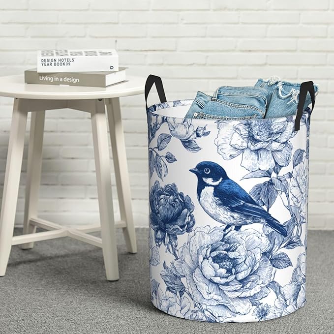 Blue Floral Bird Pattern Laundry Hamper, Collapsible Storage Basket with Handles for Clothes, Bedroom, Bathroom 19.6 x15.7 Inch