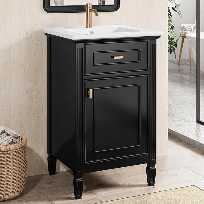 Virubi 20 in Small Bathroom Vanity with Sink,Soft Closing Door,Tilt-Out Drawer and Adjustable Shelf,Solid Wood Modern Single Bathroom Sink Cabinet,Freestanding (Black)